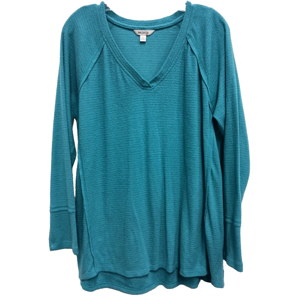 Wildfox Womens Tunic Top Size Large Teal Soft Waffle Knit Pullover Loungewear